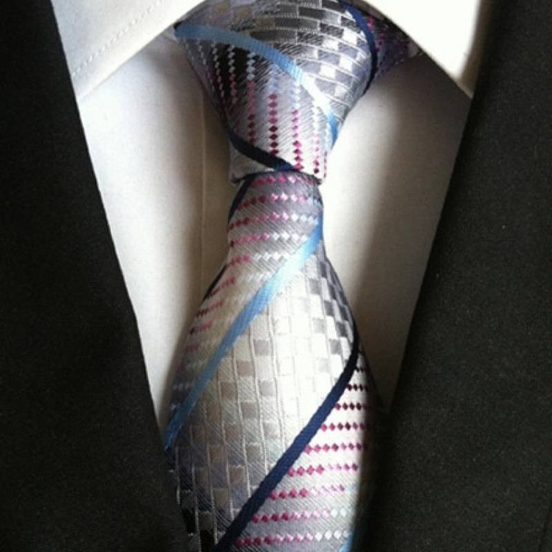 Silver Tie with Blue Stripes and Purple Pattern