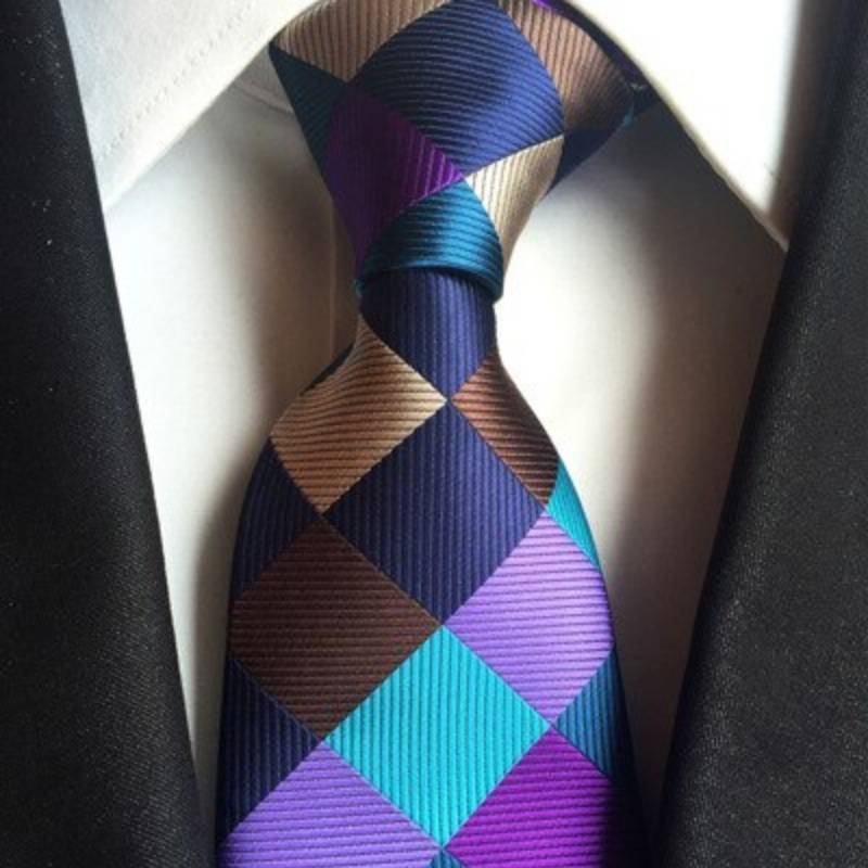 Cravate Bleue à Carreaux Mauve, Beige et Marron