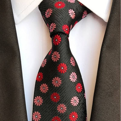 Cravate Noire à Fleurs Rouges et Rose