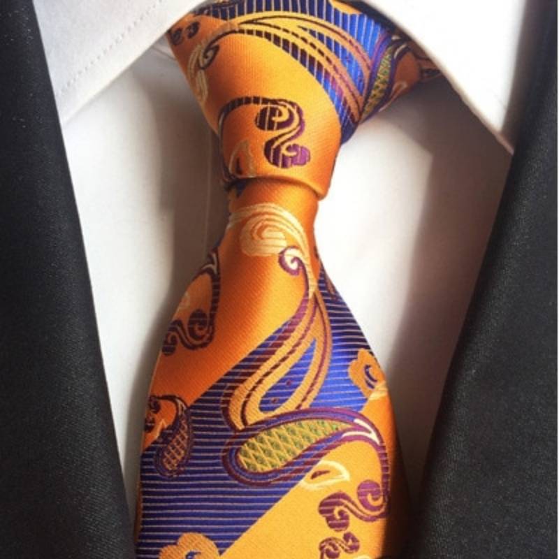 Cravate Rayée Orange et Bleu à Motifs Paisley