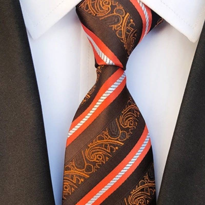 Cravate Rayée Orange et Marron à Motif Paisley