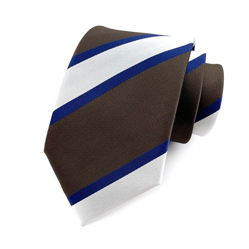 Dark Brown Tie with White and Blue Stripes
