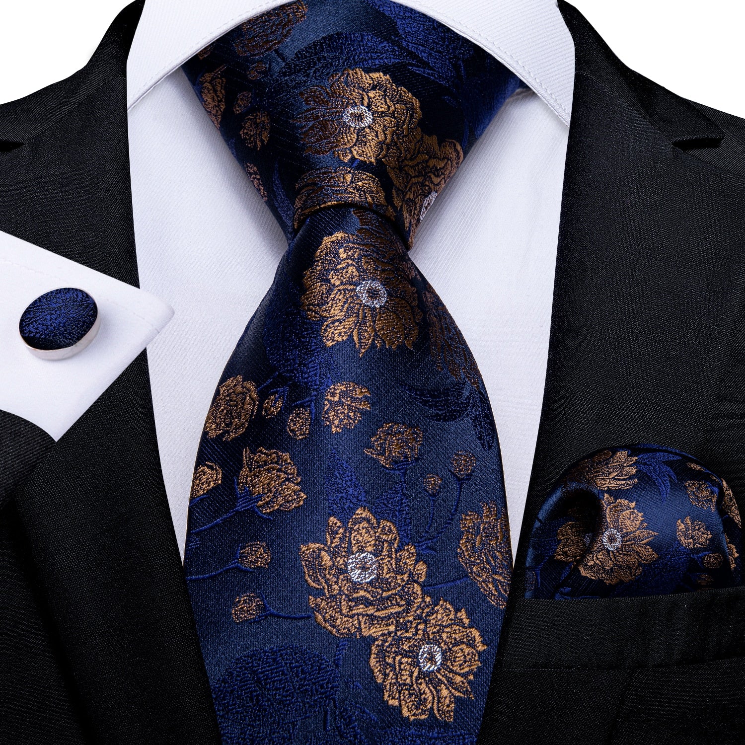 Cravate Bleue Foncée Avec Fleurs Brunes