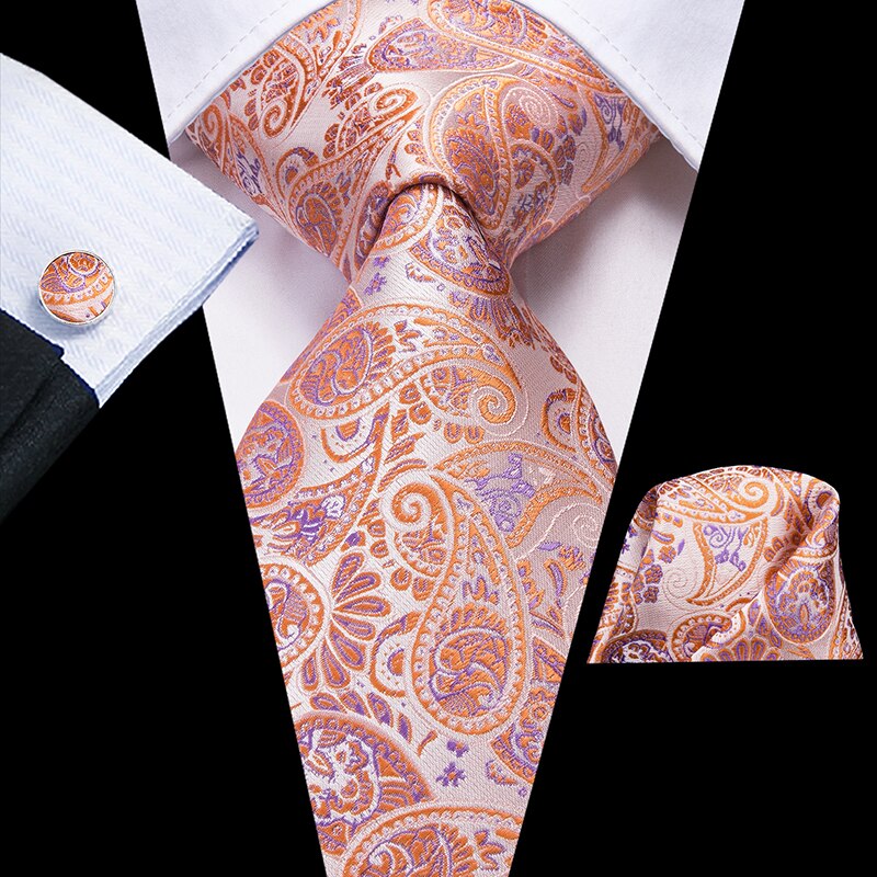 Cravate Beige à Motif Orange et Mauve