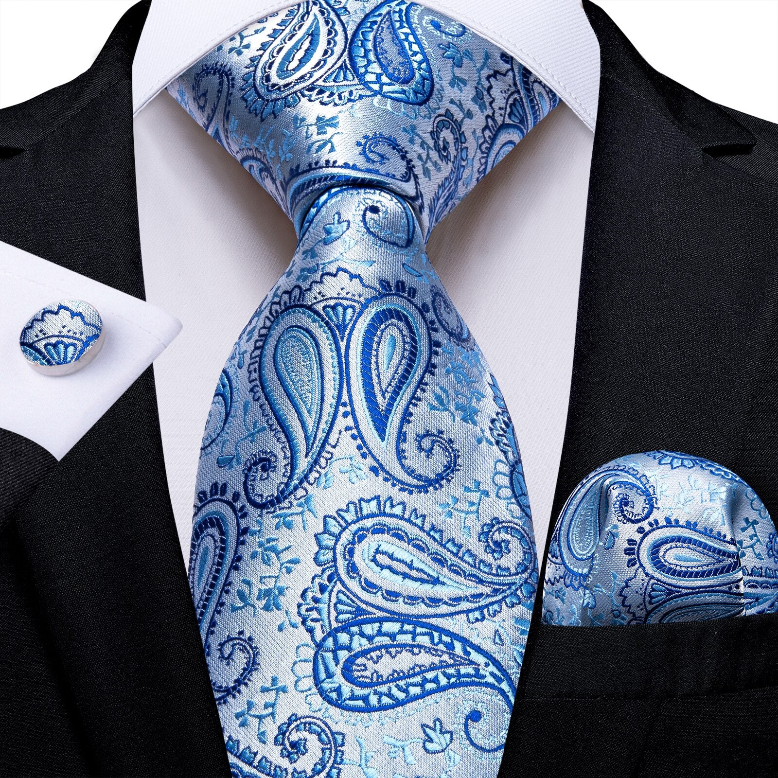 Cravate Paisley Bleu Ciel et Argentée