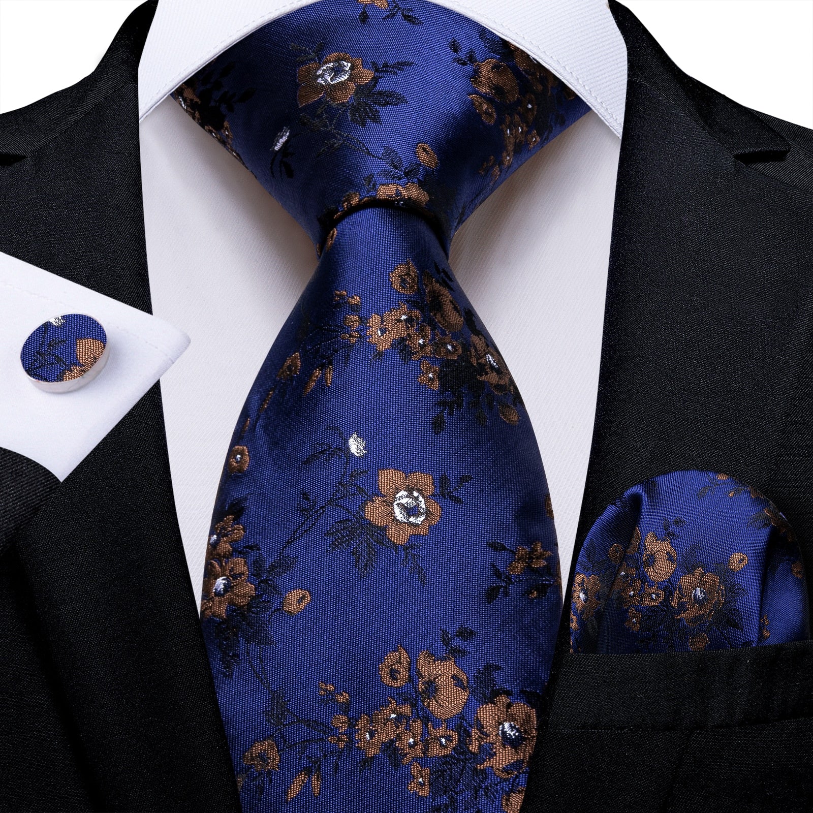 Blue Tie With Brown Flowers