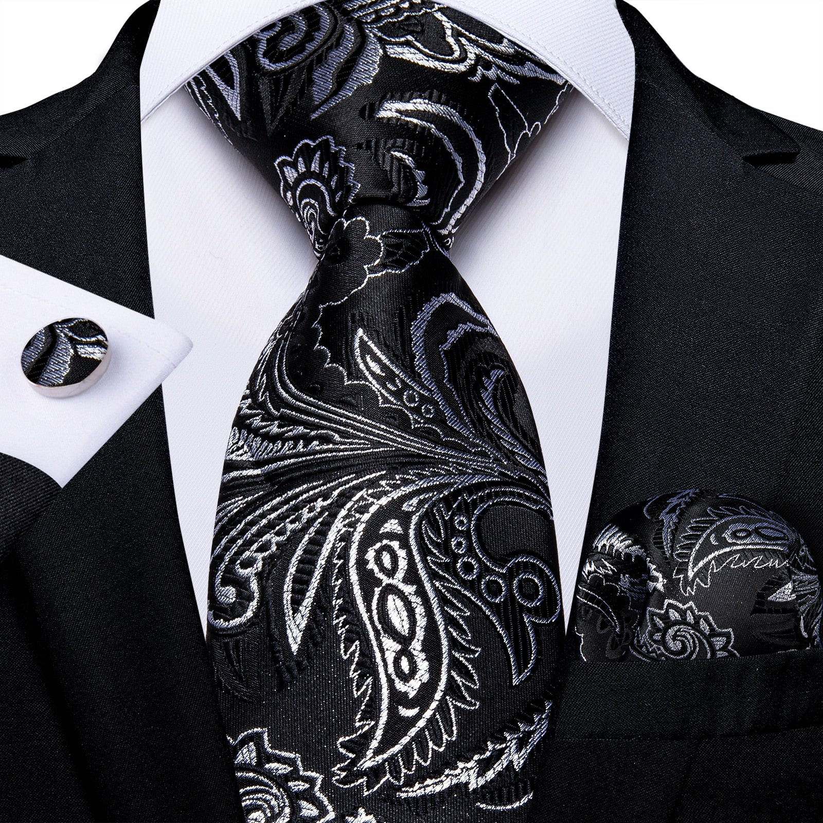 Cravate Fleurie Noire et Argentée