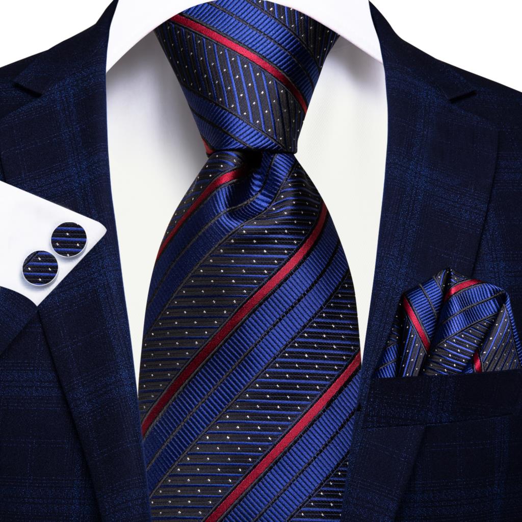 Cravate Rayée Bleu Marine et Rouge A Pois Blanc