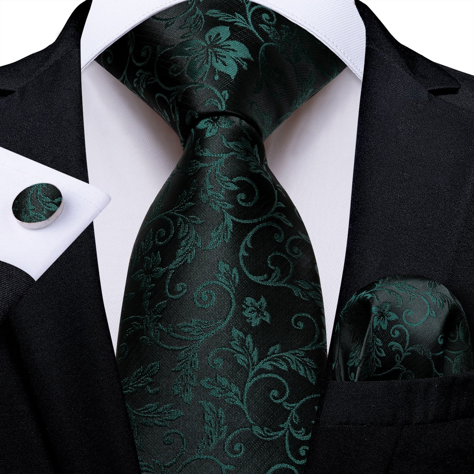 Cravate Noire A Fleurs Vertes Foncées